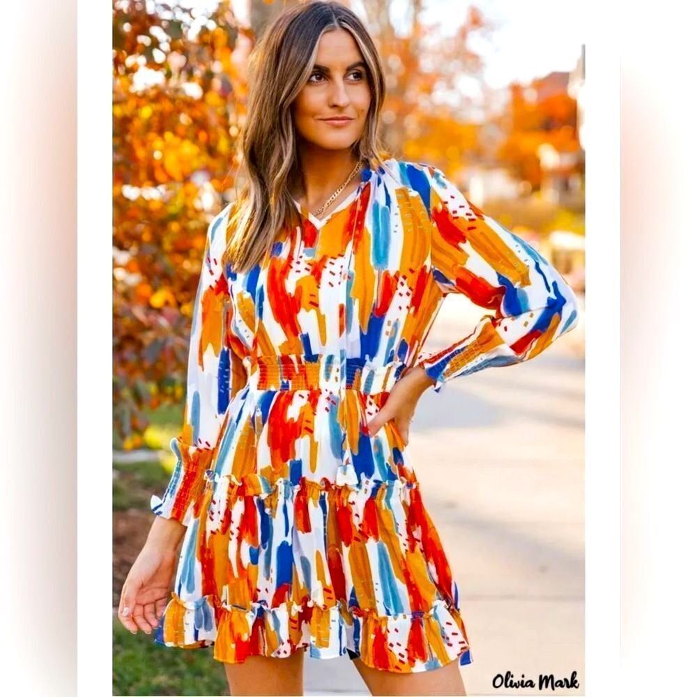 🌸 Olivia Mark – Abstract Print V Neck Long Sleeve Elastic Waist Mini Dress (AA4)